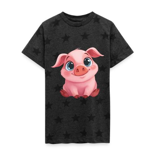 Adorable Cartoon Baby Pig Sitting with Big Eyes - Kid's 5 Star Print T-Shirt