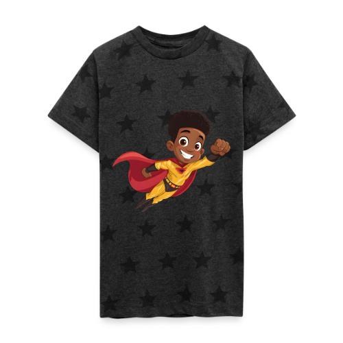 Flying Cartoon Superhero Boy in Red Cape - Kid's 5 Star Print T-Shirt