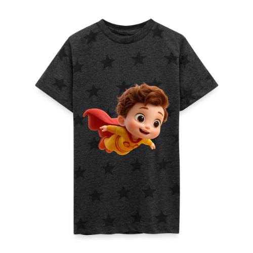 Flying Cartoon Superhero Boy in Yellow Suit - Kid's 5 Star Print T-Shirt