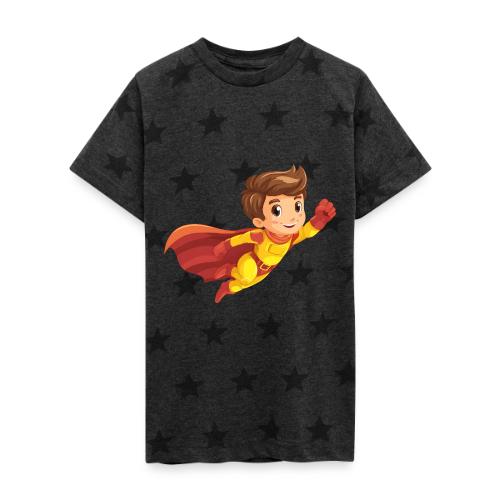 Cheerful Cartoon Superhero Boy Flying High - Kid's 5 Star Print T-Shirt