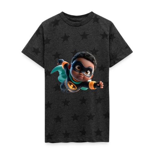 Brave Cartoon Superhero Boy in Green Cape - Kid's 5 Star Print T-Shirt