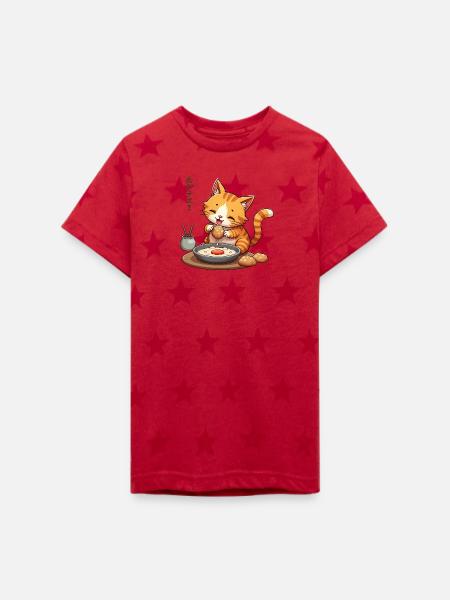 Cute Cat Enjoying Japanese Meal - Kid's 5 Star Print T-Shirt - red star