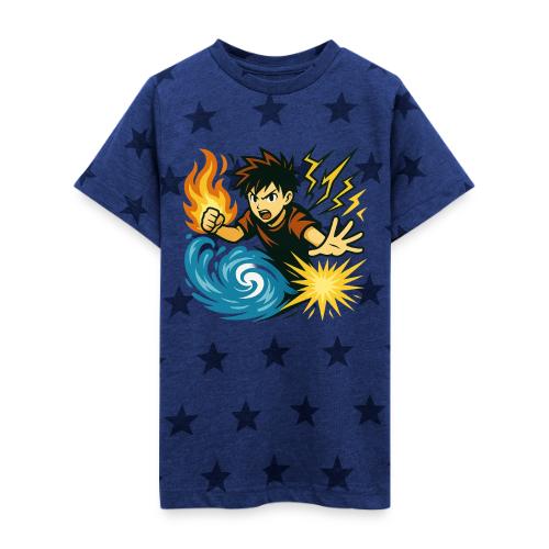 Anime Elemental Warriors | Fire, Water, Lightning - Kid's 5 Star Print T-Shirt