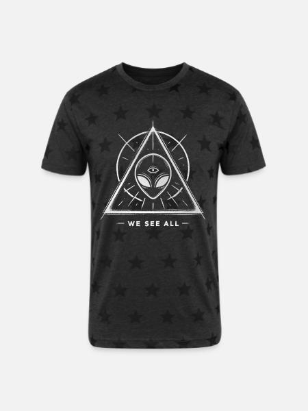 Alien Symbol We See All Cosmic Mystery Tee - Unisex Adult Star Printed T-Shirt - charcoal star 