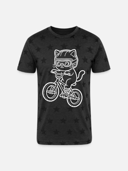 Kawaii Cat Riding BMX Bike - Unisex Adult Star Printed T-Shirt - charcoal star