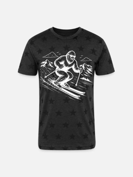 Bigfoot Sasquatch Skier in the Mountains - Unisex Adult Star Printed T-Shirt - charcoal star 