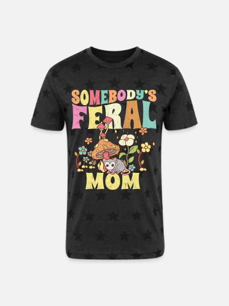 Somebody's Feral Mom - Unisex Adult Star Printed T-Shirt - charcoal star 