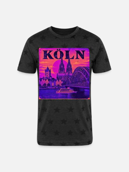 Koeln-Skyline-Retro-Sunset-Art-Print-Cologne-Köln - Unisex Adult Star Printed T-Shirt - charcoal star