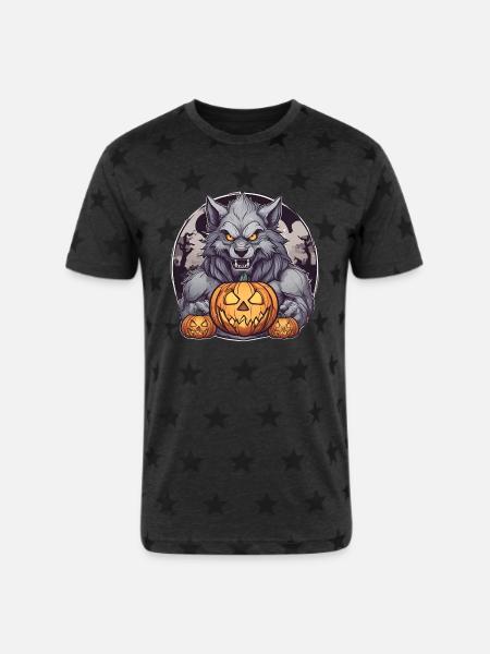 Halloween Werewolf Pumpkin - Unisex Adult Star Printed T-Shirt - charcoal star