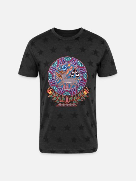 Native Huichol Peyote Deer - Unisex Adult Star Printed T-Shirt - charcoal star 