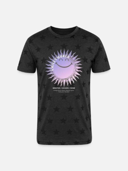 SmileyWorld Smiling Sun In Purple - Unisex Adult Star Printed T-Shirt - charcoal star 