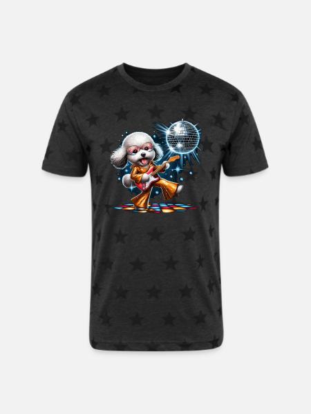Disco Guitar Poochon dog - Unisex Adult Star Printed T-Shirt - charcoal star