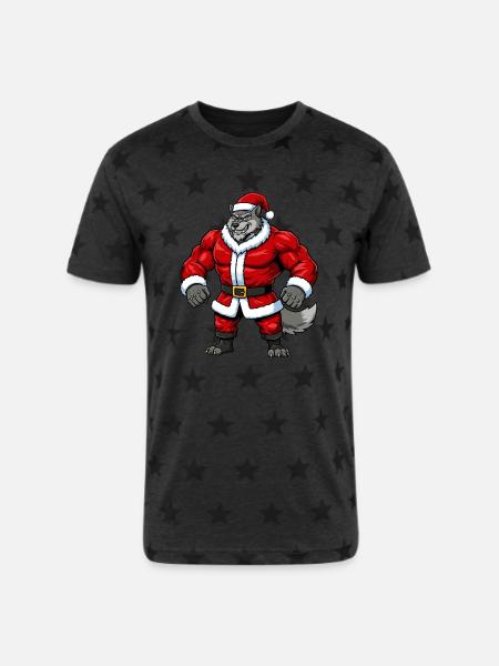 Wolf Santa Claus - Unisex Adult Star Printed T-Shirt - charcoal star