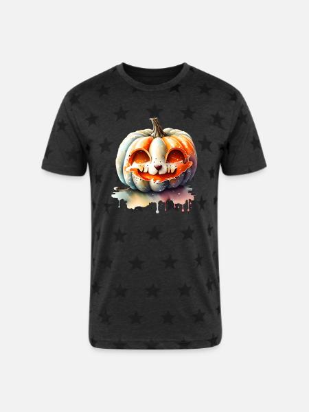 Pumpkin With Cat Face - Unisex Adult Star Printed T-Shirt - charcoal star