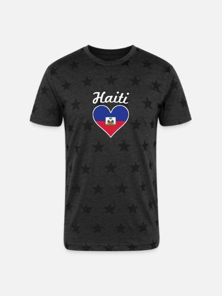 Haiti Flag Heart - Unisex Adult Star Printed T-Shirt - charcoal star