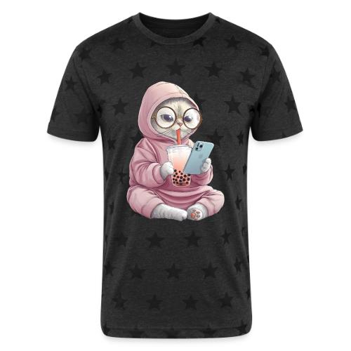 Cool Cat Bubble Tea Cartoon Design - Unisex Adult Star Printed T-Shirt
