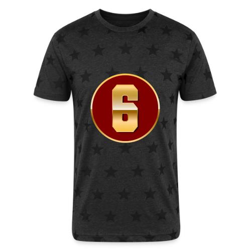 Number 6 in Gold Varsity Font - Unisex Adult Star Printed T-Shirt