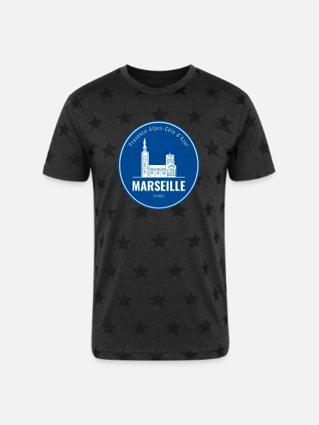 Blue Marseille Landmark Patch - Unisex Adult Star Printed T-Shirt - charcoal star 