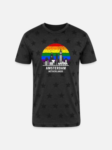 Amsterdam Skyline Rainbow Illustration - Unisex Adult Star Printed T-Shirt - charcoal star