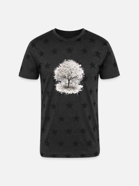 Cherry Blossom Tree – Monochrome Botanical - Unisex Adult Star Printed T-Shirt - charcoal star 