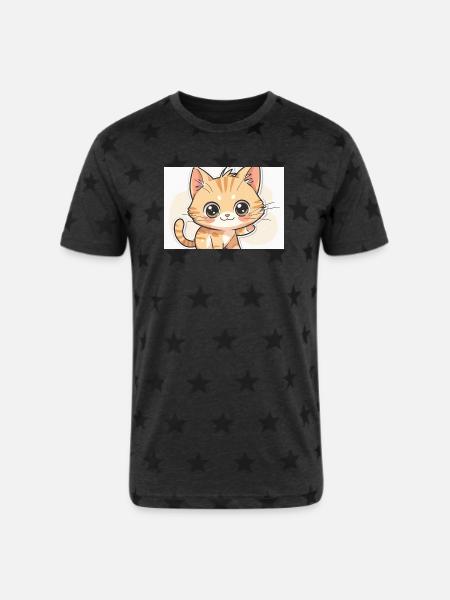 Waving Kawaii Orange Tabby - Unisex Adult Star Printed T-Shirt - charcoal star