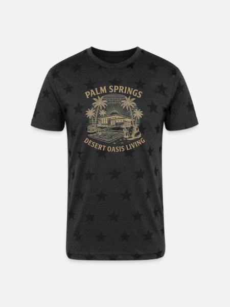 Desert Oasis Sunset Bench - Unisex Adult Star Printed T-Shirt - charcoal star 