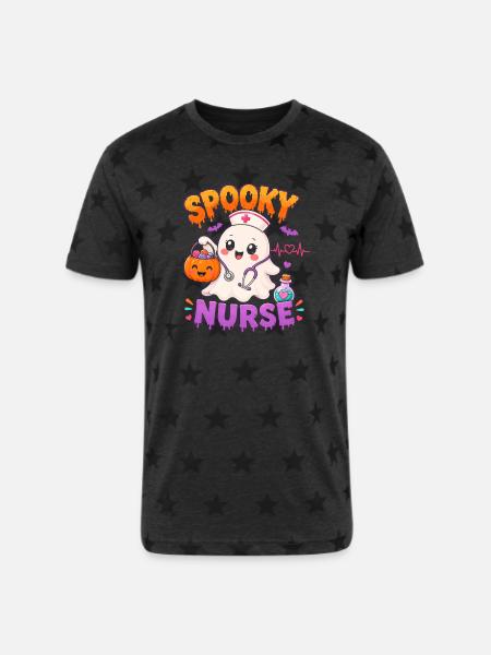 Spooky Nurse Halloween - Unisex Adult Star Printed T-Shirt - charcoal star