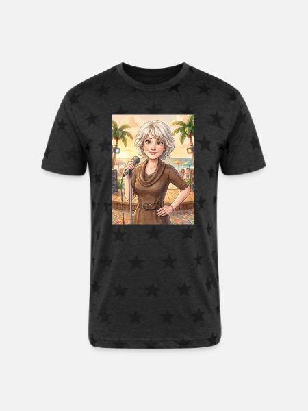 Beach Singer at Sunset - Unisex Adult Star Printed T-Shirt - charcoal star