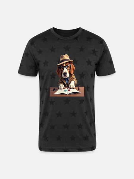 Sock Mystery Detective Dog - Unisex Adult Star Printed T-Shirt - charcoal star