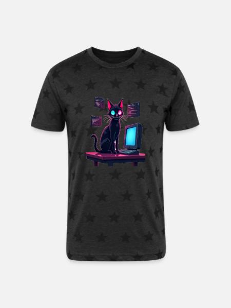 Cat.exe Has Crashed – Glitch Kitty - Unisex Adult Star Printed T-Shirt - charcoal star 