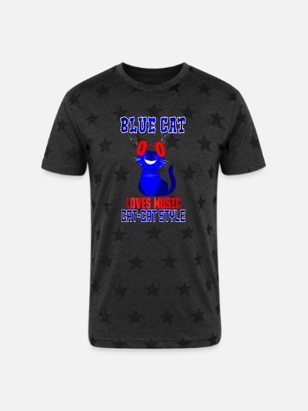 BLUE CAT LOVES MUSIC - Unisex Adult Star Printed T-Shirt - charcoal star
