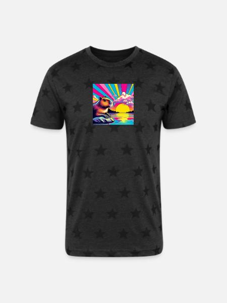 Neon Sunset Guinea Pig - Unisex Adult Star Printed T-Shirt - charcoal star