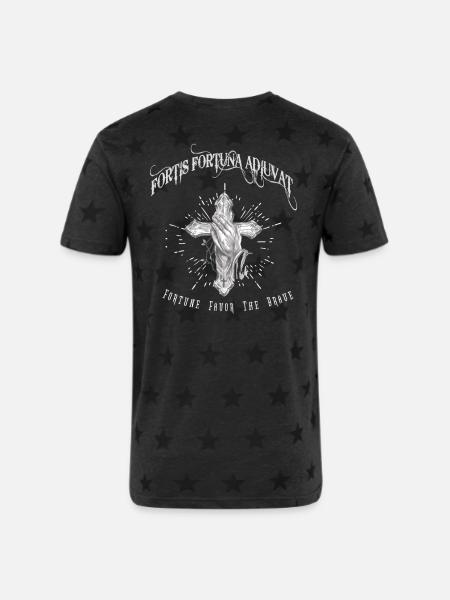 Fortis Fortuna Adiuvat - Cross and Hand Tattoo - Unisex Adult Star Printed T-Shirt - charcoal star 