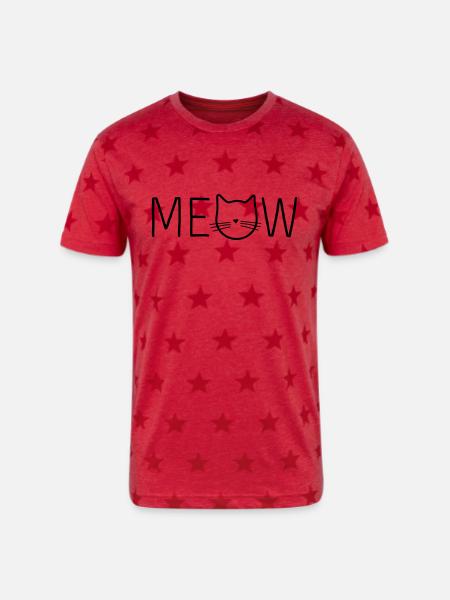 Meow Cat Face - Unisex Adult Star Printed T-Shirt - red star