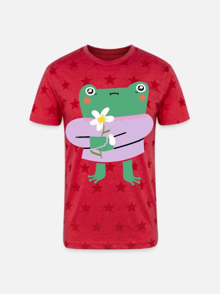 Shy Frog with Flower - Unisex Adult Star Printed T-Shirt - red star