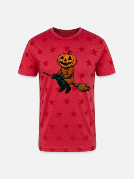 Pumpkinhead Witch on Broom - Unisex Adult Star Printed T-Shirt - red star