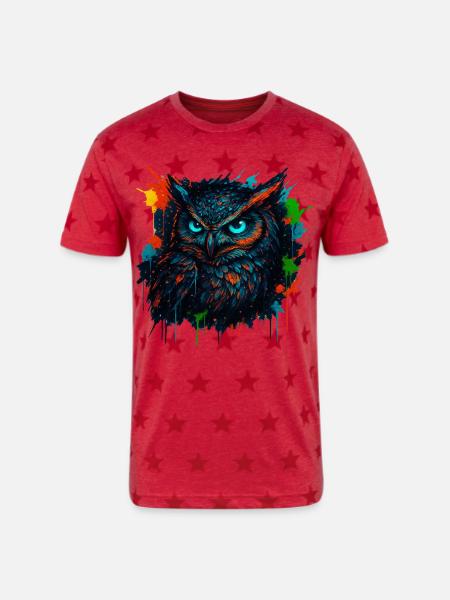 Owl Neon Splash - Unisex Adult Star Printed T-Shirt - red star