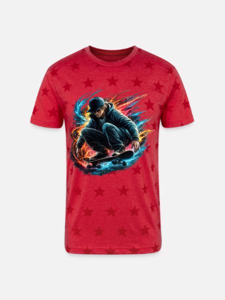Neon Splash Skate Rider - Unisex Adult Star Printed T-Shirt - red star
