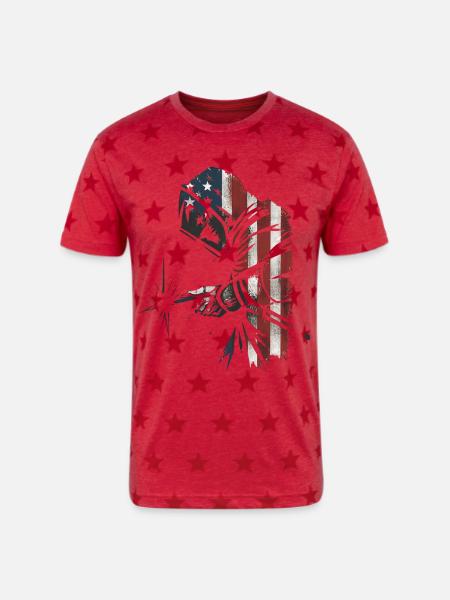 American Flag Welder Distressed Graphic - Unisex Adult Star Printed T-Shirt - red star