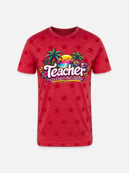 neon-retro-tropical-teacher-shirt-teach-inspire - Unisex Adult Star Printed T-Shirt - red star