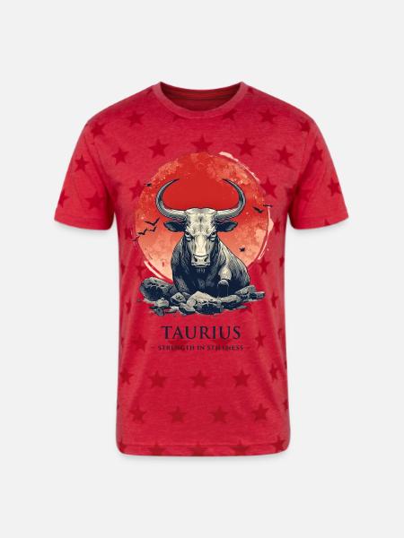Taurus Bull at Sunset Circle - Unisex Adult Star Printed T-Shirt - red star