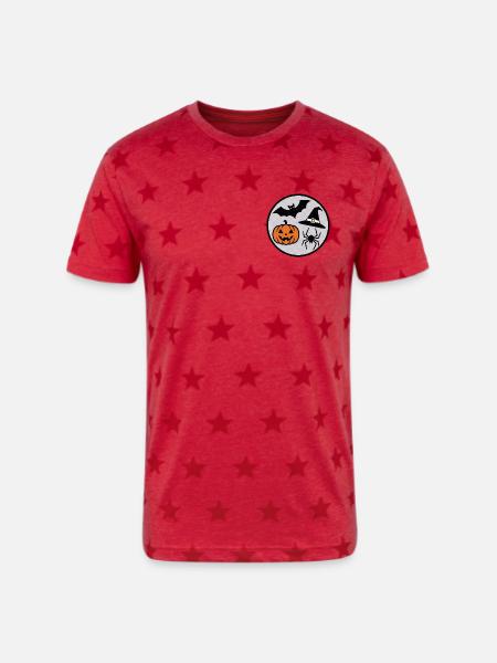 Halloween Circle: Pumpkin Bat Spider - Unisex Adult Star Printed T-Shirt - red star