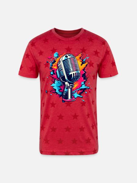 Colourful Microphone Splash - Unisex Adult Star Printed T-Shirt - red star