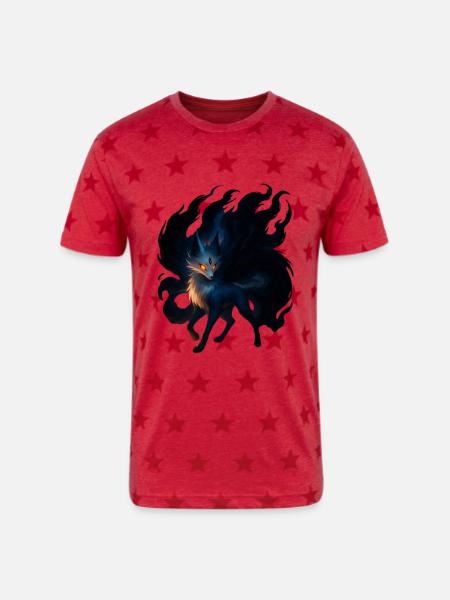 Mystic Night Wolf Illustration - Unisex Adult Star Printed T-Shirt - red star