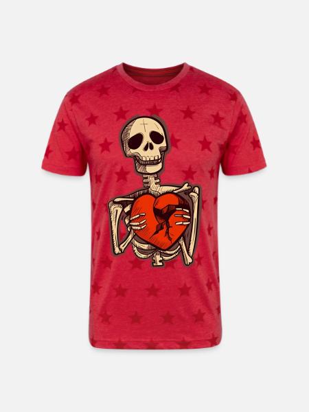 Sad Skeleton Holding Broken Heart - Unisex Adult Star Printed T-Shirt - red star
