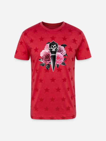 Roses and Skull Dagger - Unisex Adult Star Printed T-Shirt - red star
