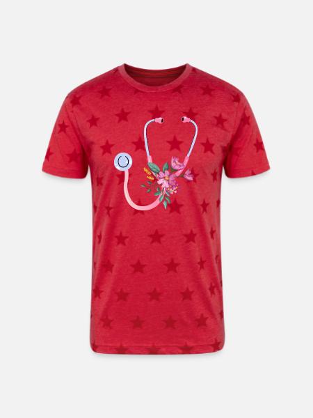 Floral Stethoscope - Unisex Adult Star Printed T-Shirt - red star