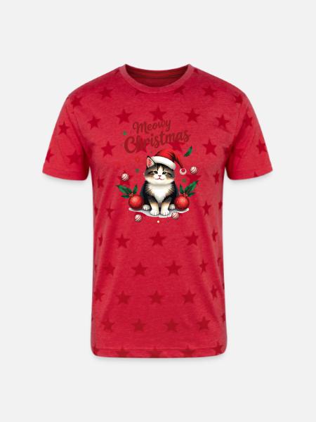 Meowy Christmas - Unisex Adult Star Printed T-Shirt - red star