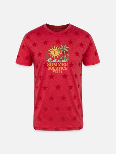 Summer Solstice Vibes Sun and Palm Design - Unisex Adult Star Printed T-Shirt - red star