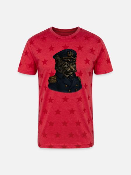 Admiral Whiskers: The Feline Commander - Unisex Adult Star Printed T-Shirt - red star